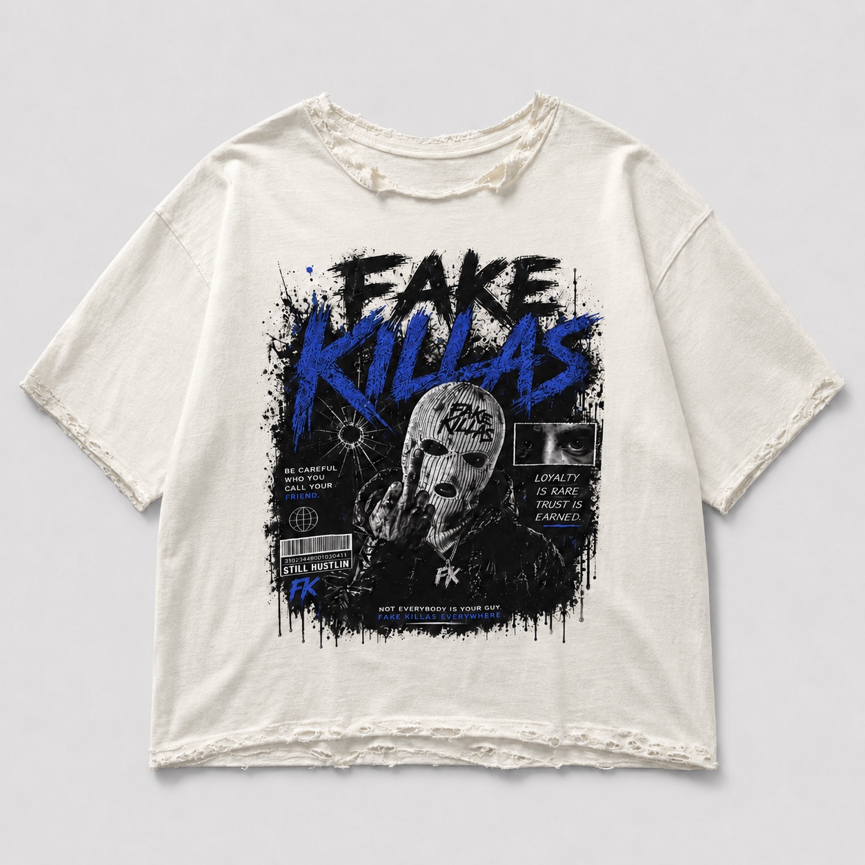 Fake Killas oversized off-white tee with blue artwork